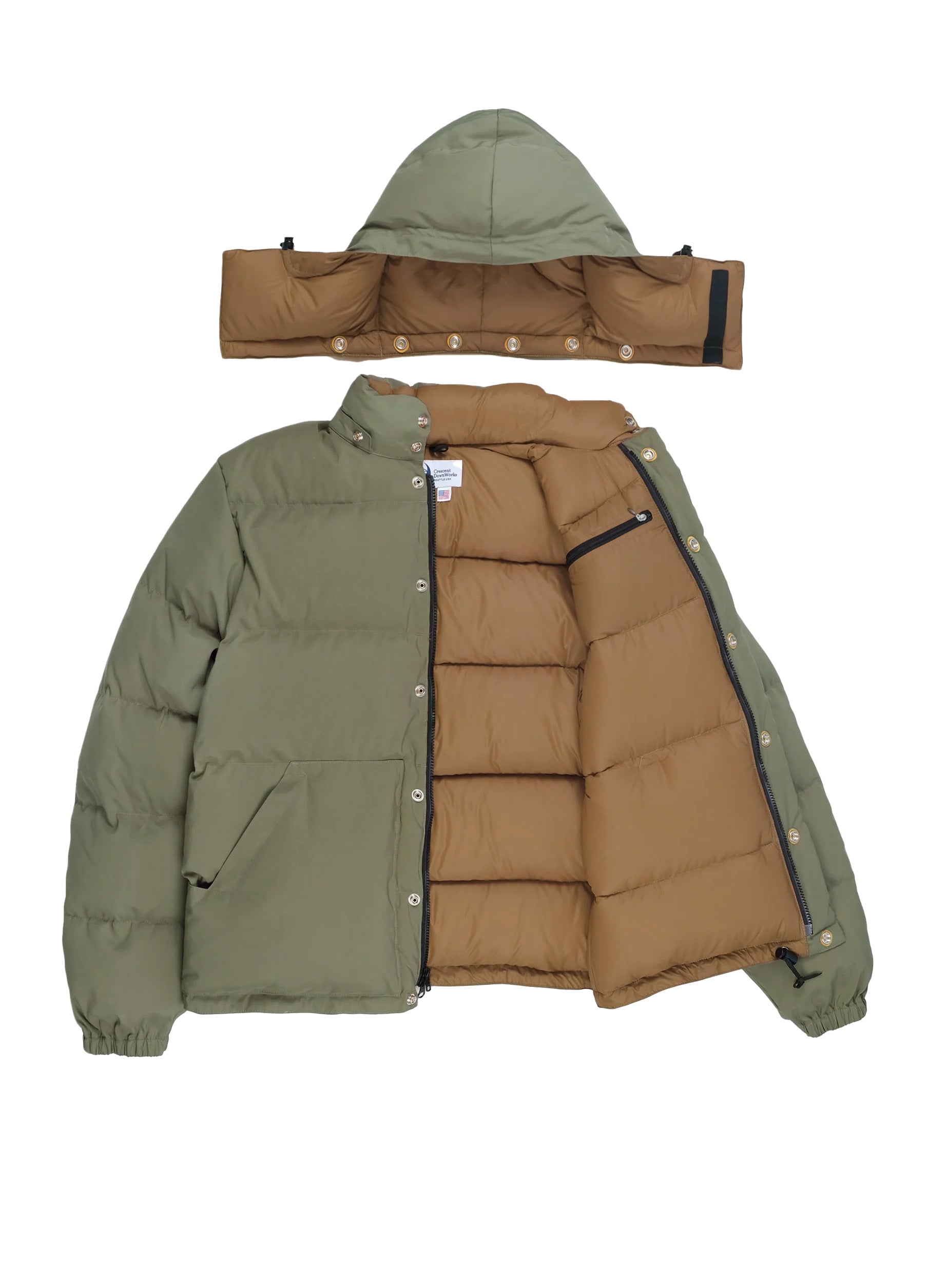 Down Sweater | 60/40 Cotton/Nylon Down Jacket | Light Olive/Dark Tan