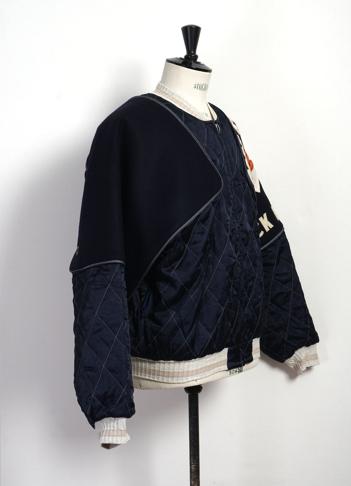PEARL FLAG SHAM BOMBER | Rayon Satin Quilted Jacket | Navy