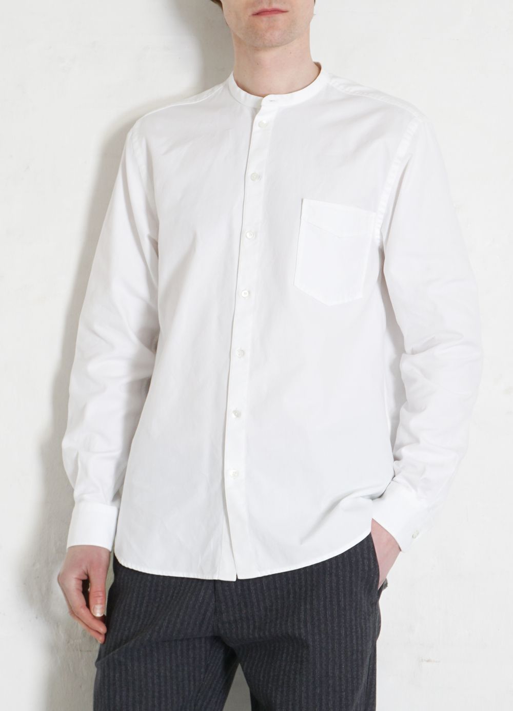 ANTE | Collarless Shirt With Chest Pocket | White HANSEN Garments ANTE | Collarless Shirt With Chest Pocket | White HANSEN Garments