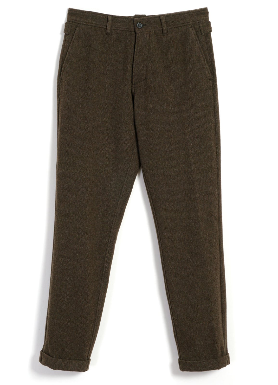 HANSEN GARMENTS - FINN | Side Buckle Regular Trousers | Brown Herringbone - HANSEN Garments