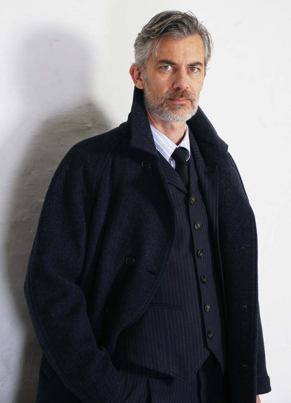 HANSEN GARMENTS - SIGFRED | Long Double Face Wool Coat | Blue Herringbone - HANSEN Garments