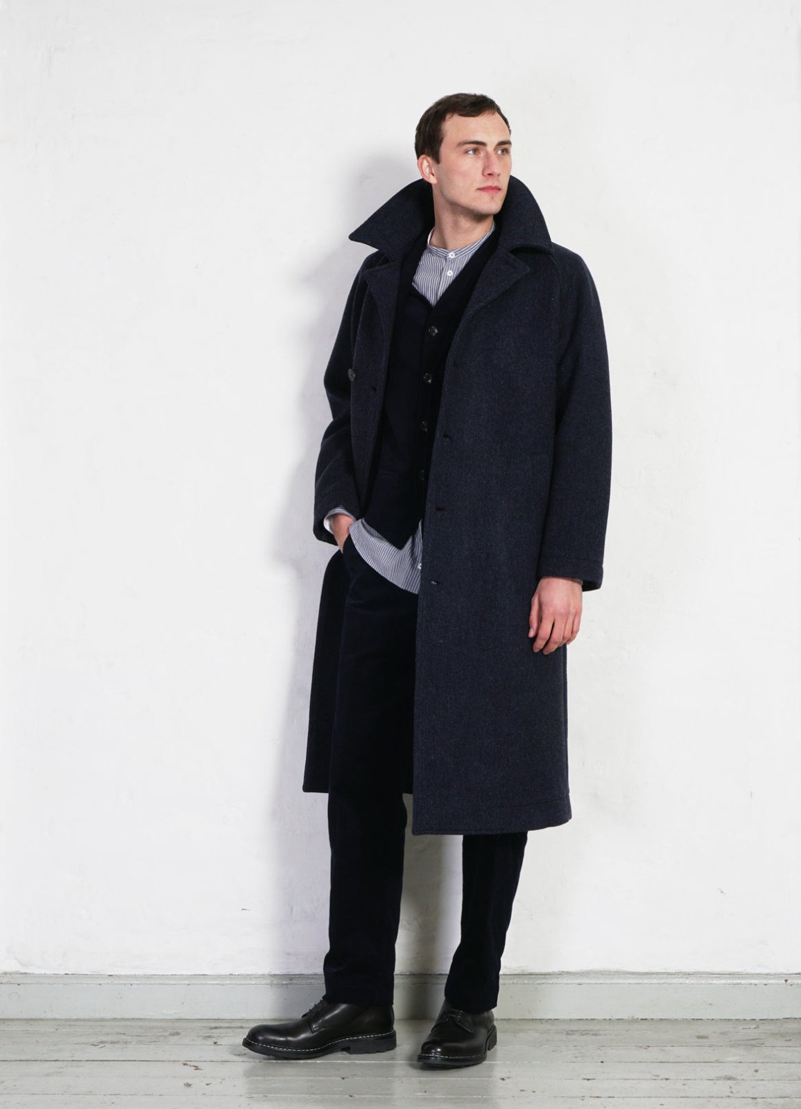 HANSEN GARMENTS - SIGFRED | Long Double Face Wool Coat | Blue Herringbone - HANSEN Garments
