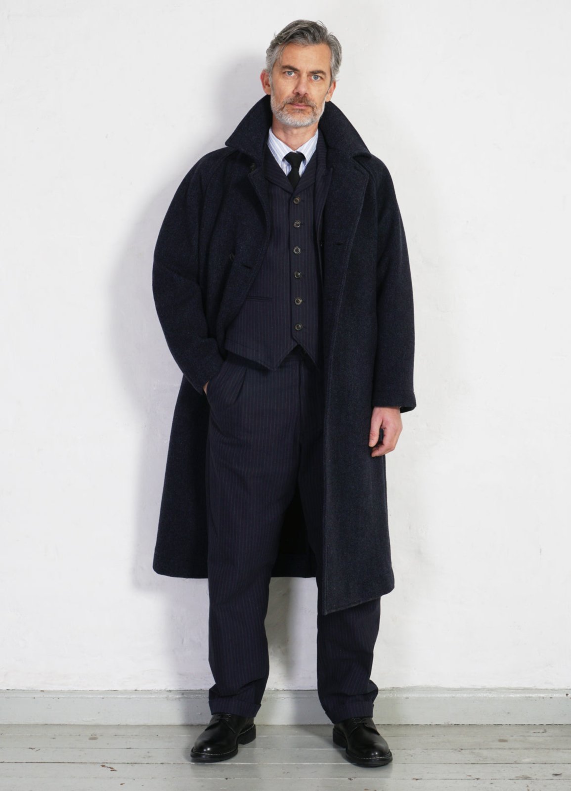 HANSEN GARMENTS - SIGFRED | Long Double Face Wool Coat | Blue Herringbone - HANSEN Garments