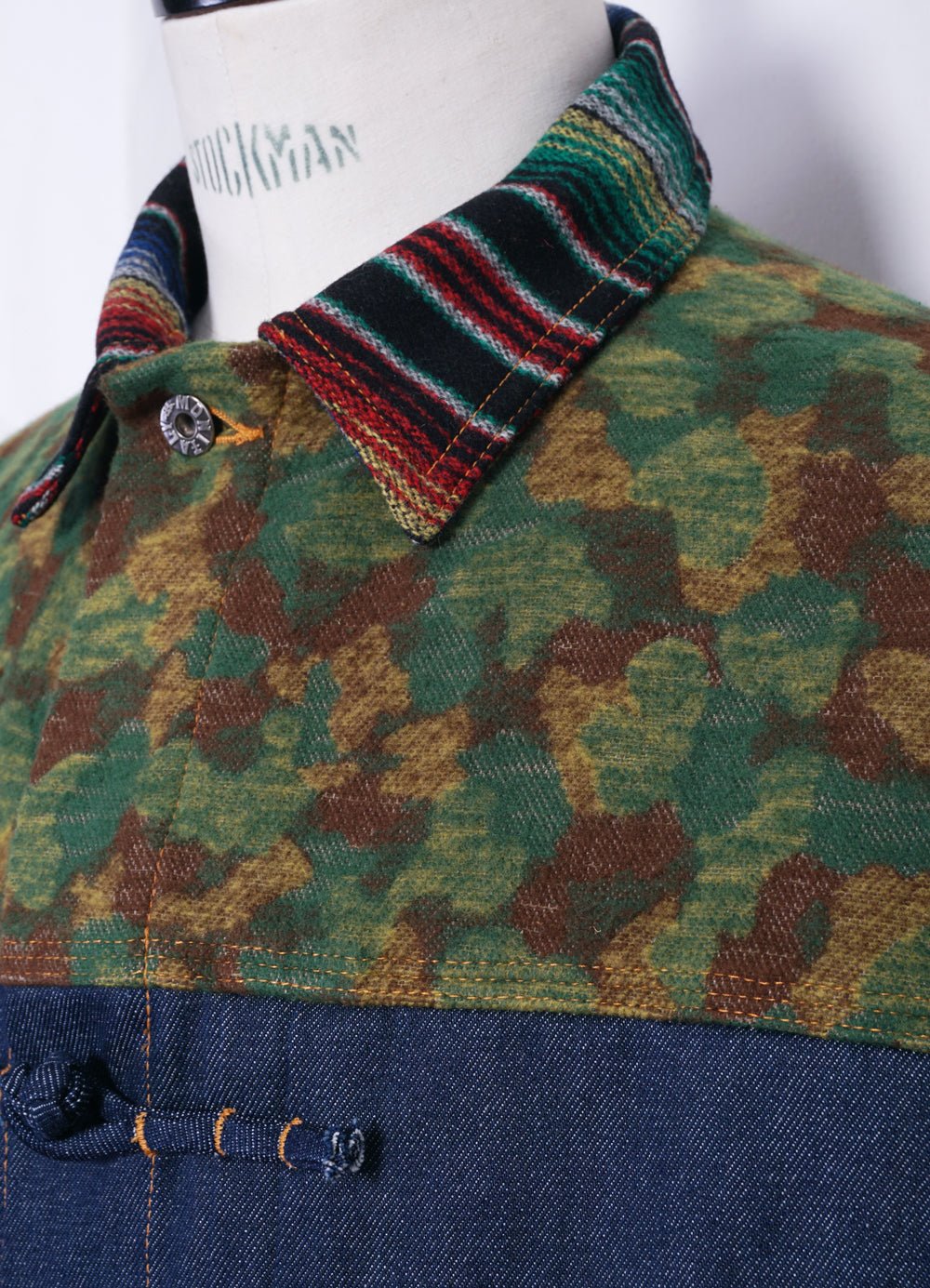 MONITALY - TRIPLE FABRIC JACKET | Asian Knot Denim Jacket | Jacquard Camo/Wool Flannel Sarape/Indigo Denim - HANSEN Garments