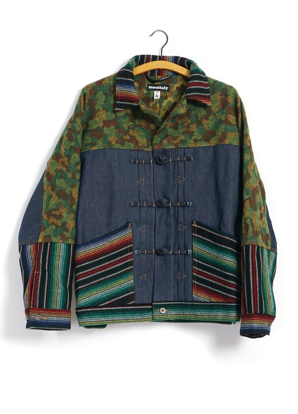 MONITALY - TRIPLE FABRIC JACKET | Asian Knot Denim Jacket | Jacquard Camo/Wool Flannel Sarape/Indigo Denim - HANSEN Garments