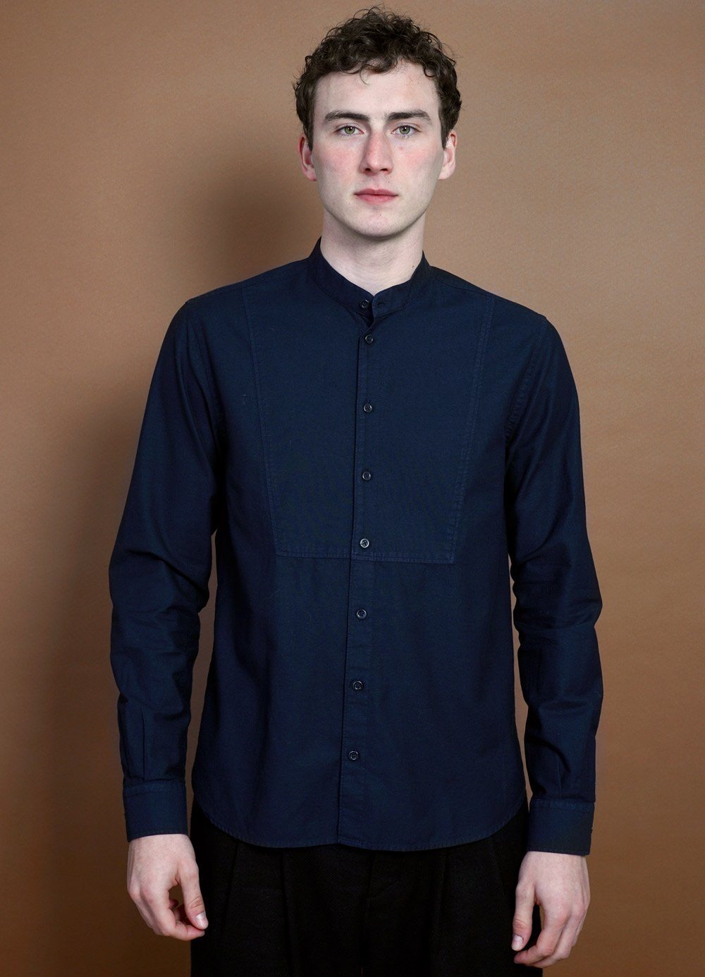 HANSEN Garments - VALMAR | Collarless Bib Shirt | Navy - HANSEN Garments