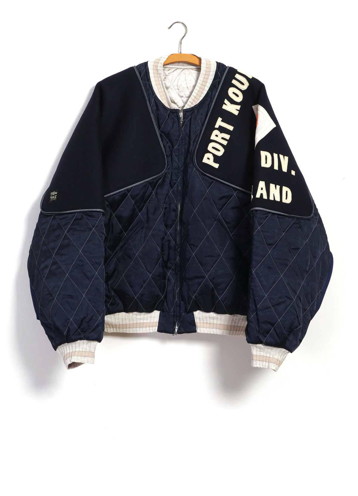 PEARL FLAG SHAM BOMBER | Rayon Satin Quilted Jacket | Navy