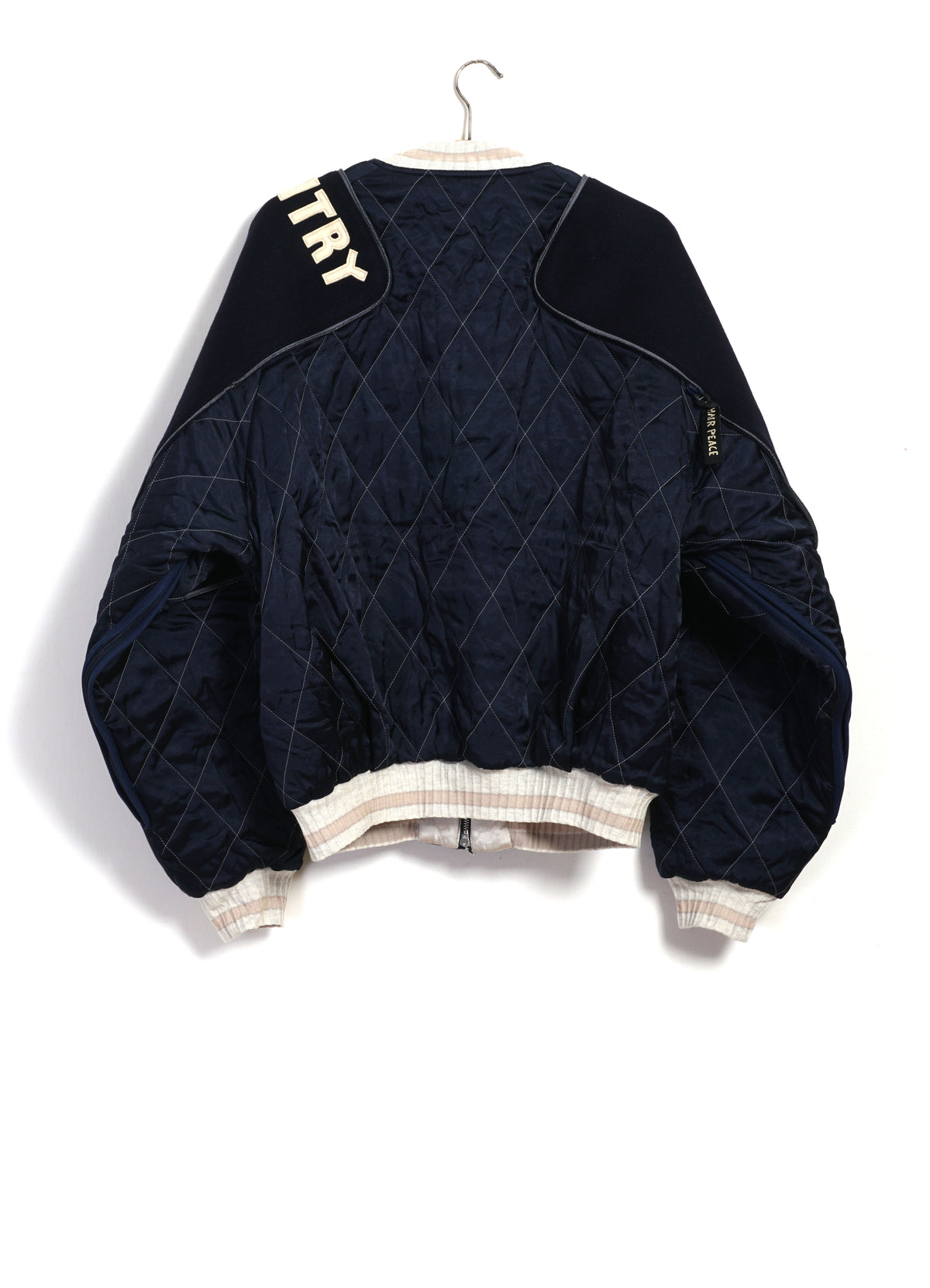 PEARL FLAG SHAM BOMBER | Rayon Satin Quilted Jacket | Navy