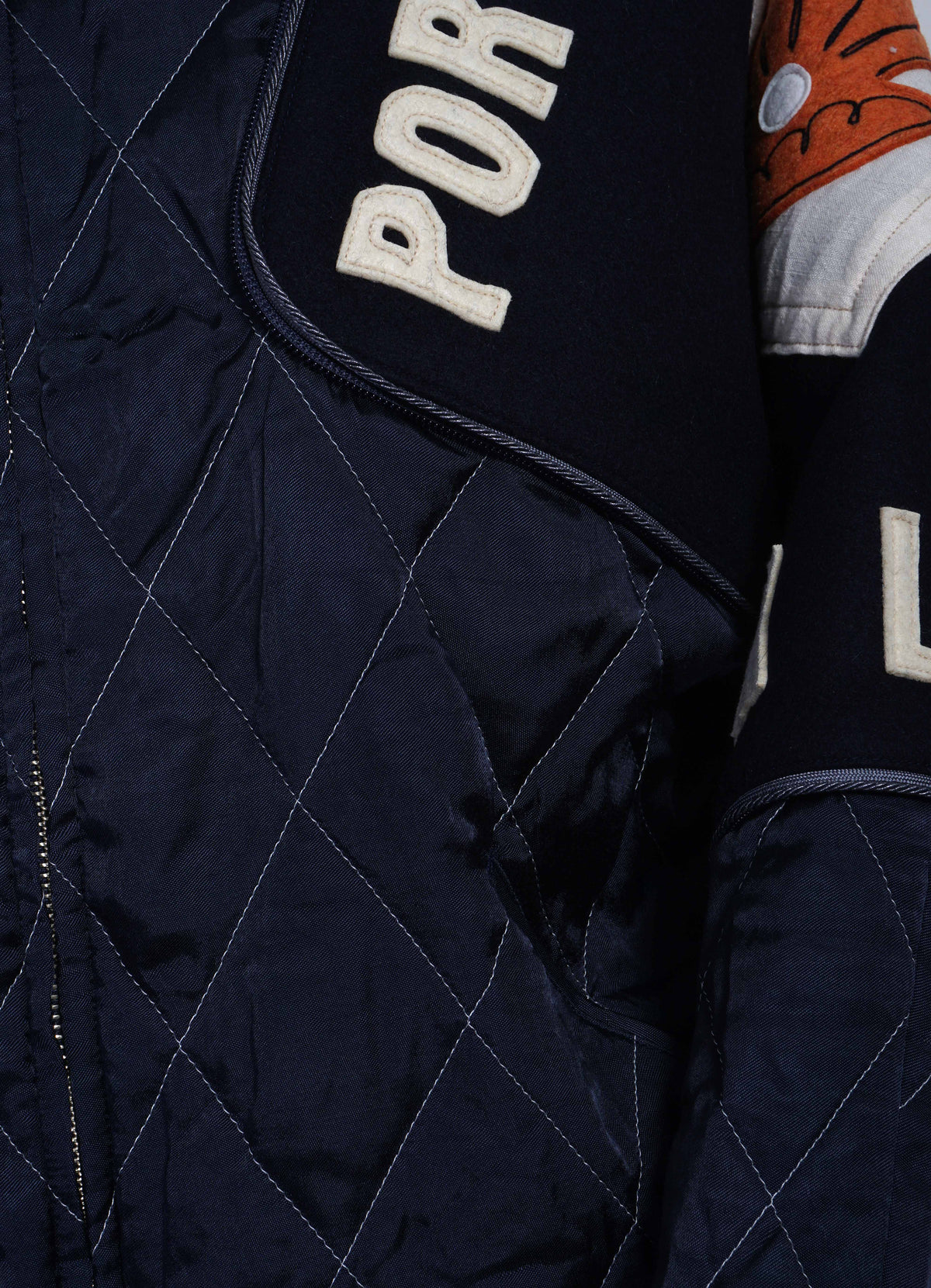 PEARL FLAG SHAM BOMBER | Rayon Satin Quilted Jacket | Navy
