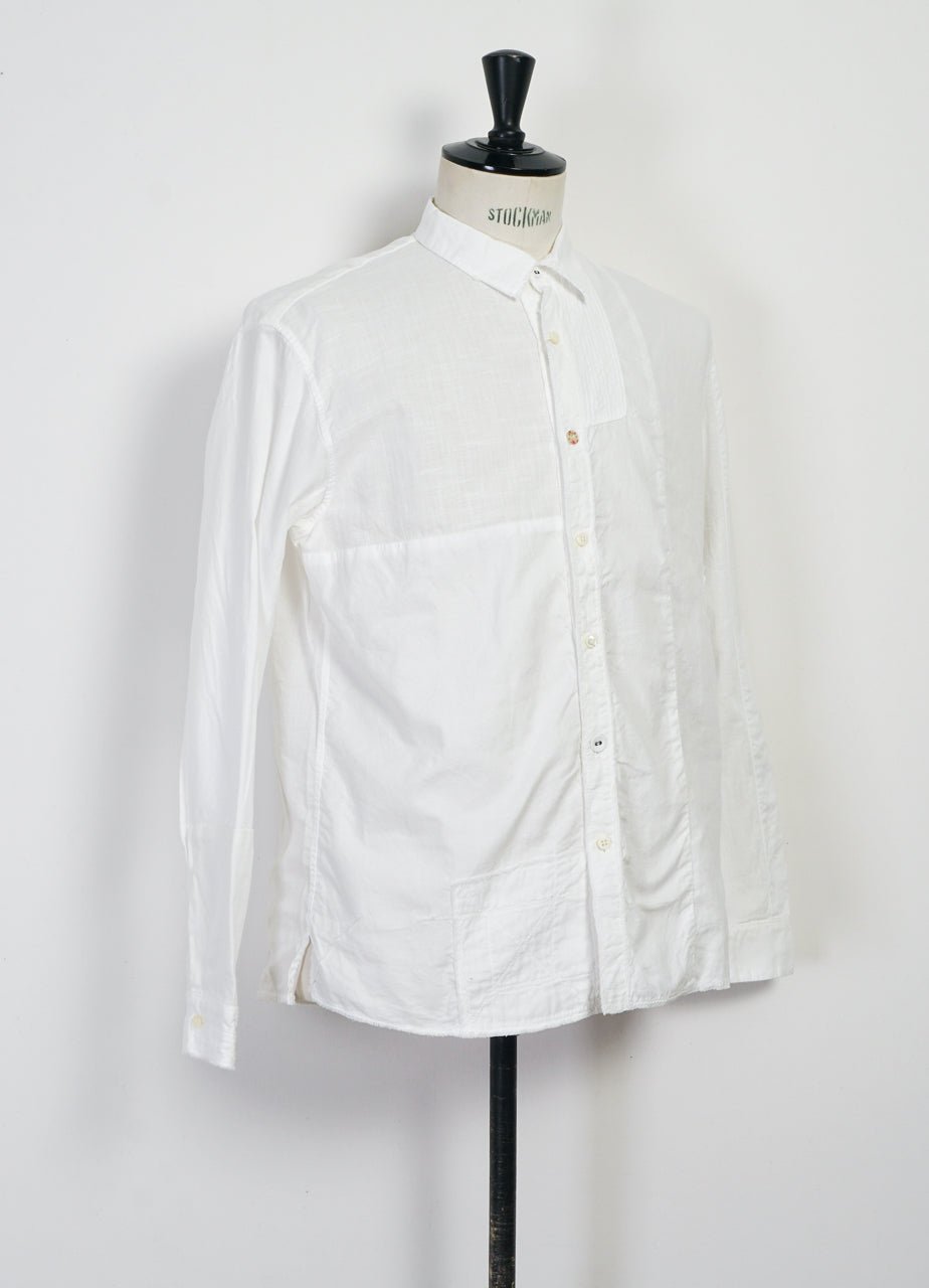 KAPITAL パッチデザイン長袖シャツ 白 XS 綿麻 切りっぱなし KATMANDU | Cotton & Linen Patchwork Shirt | White – HANSEN Garments