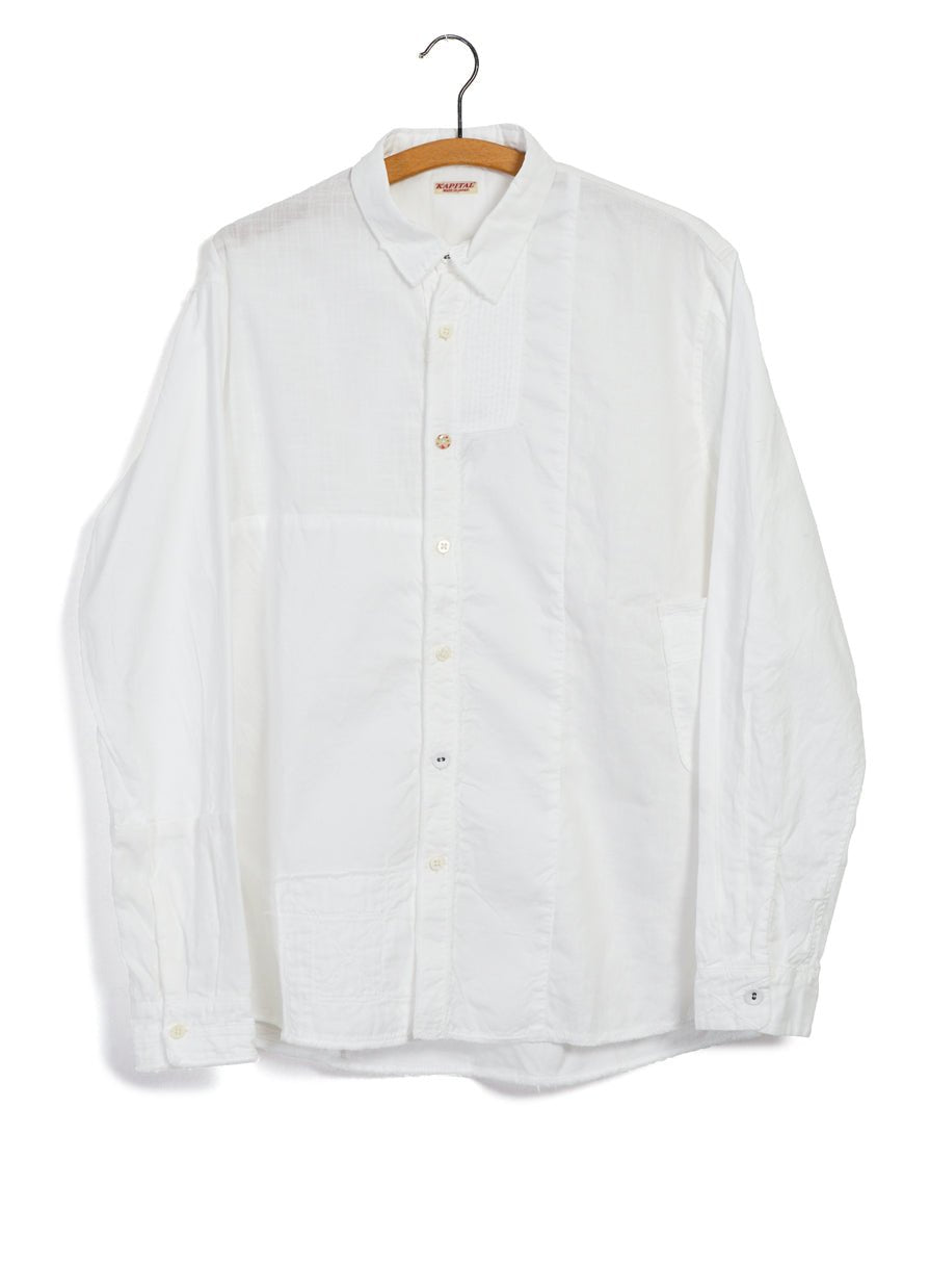 KAPITAL パッチデザイン長袖シャツ 白 XS 綿麻 切りっぱなし KATMANDU | Cotton & Linen Patchwork Shirt | White – HANSEN Garments