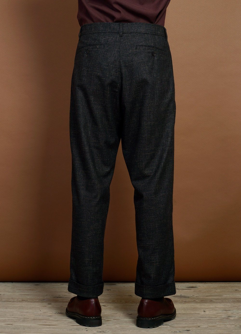 Grey/blue Prince of Wales double pleated wool trousers