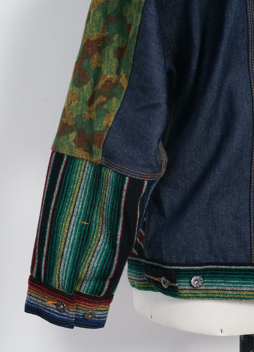 MONITALY - TRIPLE FABRIC JACKET | Asian Knot Denim Jacket | Jacquard Camo/Wool Flannel Sarape/Indigo Denim - HANSEN Garments